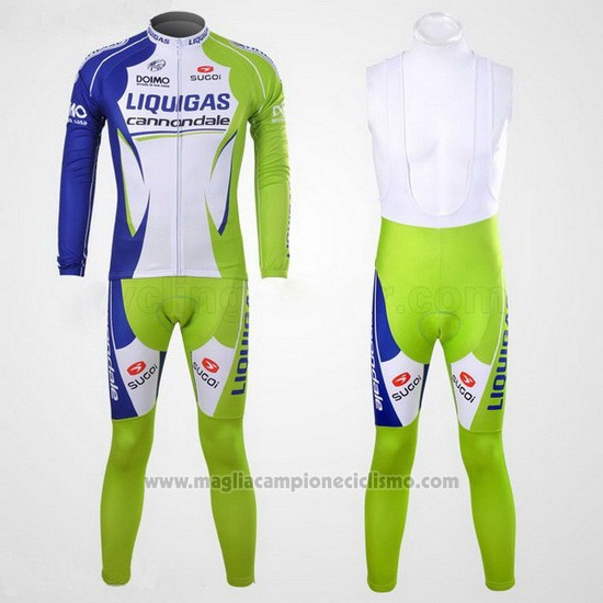 2012 Abbigliamento Ciclismo Liquigas Cannondale Bianco e Verde Manica Lunga e Salopette